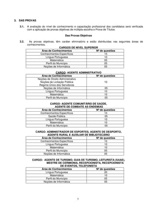3. DAS PROVAS

   3.1.   A avaliação do nível de conhecimento e capacitação profissional dos candidatos será verificada
          com a aplicação de provas objetivas de múltipla escolha e Prova de Títulos:

                                        Das Provas Objetivas

   3.2.    As provas objetivas, têm caráter eliminatório e estão distribuídas nas seguintes áreas de
          conhecimentos.
                                    CARGOS DE NÍVEL SUPERIOR
                     Área de Conhecimentos                      Nº de questões
                    Conhecimentos Específicos                          15
                         Língua Portuguesa                             10
                            Matemática                                 05
                         Perfil do Município                           05
                      Noções de Informática                            05

                                 CARGO: AGENTE ADMINISTRATIVO
                     Área de Conhecimentos                Nº de questões
                  Noções de Direito Administrativo
                   Noções de Licitação Pública                  10
                   Regime Único dos Servidores
                      Noções de Informática                      05
                        Língua Portuguesa                       10
                           Matemática                           10
                        Perfil do Município                      05

                            CARGO: AGENTE COMUNITÁRIO DE SAÚDE,
                                AGENTE DE COMBATE AS ENDEMIAS
                     Área de Conhecimentos               Nº de questões
                    Conhecimentos Específicos                  10
                          Saúde Pública                         05
                        Língua Portuguesa                      10
                           Matemática                          10
                        Perfil do Município                     05

                CARGO: ADMINISTRADOR DE ESPORTES, AGENTE DE DESPORTO,
                        AGENTE RURAL E AUXILIAR DE BIBLIOTECÁRIO
                    Área de Conhecimentos               Nº de questões
                   Conhecimentos Específicos                  10
                       Língua Portuguesa                      10
                          Matemática                          10
                       Perfil do Município                    05
                     Noções de Informática                    05

              CARGO: AGENTE DE TURISMO, GUIA DE TURISMO, LEITURISTA (SAAE),
                       MESTRE DE CERIMONIA, RECEPCIONISTA, RECEPCIONISTA
                                  DE EVENTOS, TELEFONISTA
                   Área de Conhecimentos                 Nº de questões
                      Língua Portuguesa                        20
                         Matemática                            10
                      Perfil do Município                      05
                     Noções de Informática                     05




                                                  5
 