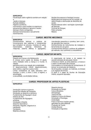 ESPECIFICA
Fiscalização sobre vigilância sanitária em relação        Noções de anatomia e fisiologia humana;
a:                                                        Noção geral de Influencia de má nutrição, na
 saúde e doenças;                                         determinação e distribuição de distúrbios de
Nutrição dietética;                                       saúde;
Higiene e profilaxia;                                     Noções básicas sobre vacinação e prevenção
nutrimentos e suas funções no organismo;                  de doenças;
saneamentos básicos e agravos a saúde;                    Controle de Dengue;
doenças infecto-contagiosas;                              Febre amarela;
doenças transmissíveis e sexualmente                      Malaria
transmissíveis;

                                    CARGO: MESTRE MECÂNICO
ESPECIFICA
Conhecimentos   teóricos  e práticos    do                manutenção preventiva e corretiva, bem como,
funcionamento dos sistemas e componentes                  de operação dos mesmos.
que compõem os veículos, (motores em geral,               Conhecimentos de instrumentos de medição e
transmissões,  sistemas    hidráulicos  de                ferramentas de uso geral.
máquinas, sistema elétrico e agregados),                  Conhecimentos teóricos e práticos de soldagem
                                                          por eletrodo, arco submerso e oxiacetilênica.

                                    CARGO: MONITOR INFANTIL
ESPECIFICA
Estatuto da Criança e do Adolescente                      A organização do tempo e do espaço na
A criança como sujeito de direitos. O adulto              escola/instituição de educação infantil.
como mediador entre a criança e o mundo. A                A literatura infantil, as artes plásticas, a música e
relação                                                   o teatro na educação das crianças.
educativa como uma relação de cumplicidade.               A brincadeira e a construção do conhecimento. O
O desenvolvimento infantil: desenvolvimento               brincar na construção da cidadania.
sócio-afetivo, cognitivo e psico-motor.                   Os brinquedos, os jogos, os materiais, os tempos
Linhas norteadoras da ação educativa com                  e os espaços de brincar.
crianças: o sono, o choro, o bico, a higiene, a           O perfil e o papel do Auxiliar de Educação
alimentação,                                              Infantil, enquanto educador.
a sexualidade, as atividades lúdicas.


                         CARGO: PROFESSOR DE ARTES PLÁSTICAS
ESPECIFICA

                                                          Desenho técnico
Introdução à pintura e gravura                            Introdução ao Design
Estudo de métodos de Fotografia                           Cultura Brasileira
Introdução ao desenho e escultura                         Antropologia
Fundamentos da linguagem visual                           Teoria da Arte
História da Arte                                          Estética e Cultura de Massa
Fundamentos de linguagens                                 Introdução a Psicologia
artísticas                                                Criatividade
Introdução à filosofia                                    Física e Química (noções gerais)
Desenho Geométrico                                        aplicadas às artes plásticas
Serigrafia, litografia, xilogravura e                     Produção de Textos
calcografia                                               Análise Musical
Cenografia                                                Introdução à linguística
Matérias artísticos


                                                     54
 