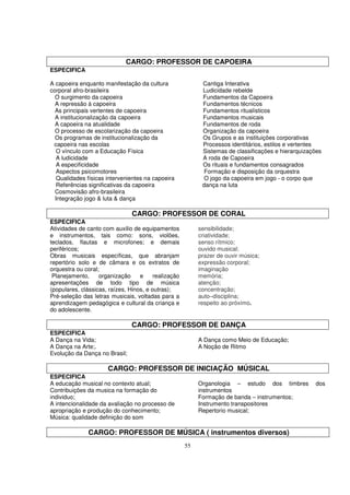 CARGO: PROFESSOR DE CAPOEIRA
ESPECIFICA

A capoeira enquanto manifestação da cultura                 Cantiga Interativa
corporal afro-brasileira                                    Ludicidade rebelde
  O surgimento da capoeira                                  Fundamentos da Capoeira
  A repressão à capoeira                                    Fundamentos técnicos
  As principais vertentes de capoeira                       Fundamentos ritualísticos
  A institucionalização da capoeira                         Fundamentos musicais
  A capoeira na atualidade                                  Fundamentos de roda
  O processo de escolarização da capoeira                   Organização da capoeira
  Os programas de institucionalização da                    Os Grupos e as instituições corporativas
 capoeira nas escolas                                       Processos identitários, estilos e vertentes
   O vínculo com a Educação Física                          Sistemas de classificações e hierarquizações
   A ludicidade                                             A roda de Capoeira
   A especificidade                                         Os rituais e fundamentos consagrados
   Aspectos psicomotores                                     Formação e disposição da orquestra
   Qualidades físicas intervenientes na capoeira             O jogo da capoeira em jogo - o corpo que
   Referências significativas da capoeira                   dança na luta
  Cosmovisão afro-brasileira
  Integração jogo & luta & dança

                                CARGO: PROFESSOR DE CORAL
ESPECIFICA
Atividades de canto com auxilio de equipamentos            sensibilidade;
e instrumentos, tais como: sons, violões,                  criatividade;
teclados, flautas e microfones; e demais                   senso rítmico;
periféricos;                                               ouvido musical;
Obras musicais específicas, que abranjam                   prazer de ouvir música;
repertório solo e de câmara e os extratos de               expressão corporal;
orquestra ou coral;                                        imaginação
 Planejamento,     organização     e     realização        memória;
apresentações de todo tipo de música                       atenção;
(populares, clássicas, raízes, Hinos, e outras);           concentração;
Pré-seleção das letras musicais, voltadas para a           auto–disciplina;
aprendizagem pedagógica e cultural da criança e            respeito ao próximo.
do adolescente.

                                CARGO: PROFESSOR DE DANÇA
ESPECIFICA
A Dança na Vida;                                           A Dança como Meio de Educação;
A Dança na Arte;.                                          A Noção de Ritmo
Evolução da Dança no Brasil;

                      CARGO: PROFESSOR DE INICIAÇÃO MÚSICAL
ESPECIFICA
A educação musical no contexto atual;                      Organologia – estudo dos timbres          dos
Contribuições da musica na formação do                     instrumentos
individuo;                                                 Formação de banda – instrumentos;
A intencionalidade da avaliação no processo de             Instrumento transpositores
apropriação e produção do conhecimento;                    Repertorio musical;
Música: qualidade definição do som

               CARGO: PROFESSOR DE MÚSICA ( instrumentos diversos)
                                                      55
 