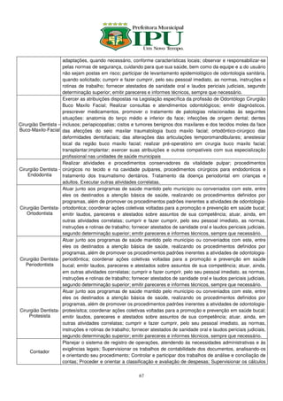 adaptações, quando necessário, conforme características locais; observar e responsabilizar-se
                       pelas normas de segurança, cuidando para que sua saúde, bem como da equipe e a do usuário
                       não sejam postas em risco; participar de levantamento epidemiológico de odontologia sanitária,
                       quando solicitado; cumprir e fazer cumprir, pelo seu pessoal imediato, as normas, instruções e
                       rotinas de trabalho; fornecer atestados de sanidade oral e laudos periciais judiciais, segundo
                       determinação superior; emitir pareceres e informes técnicos, sempre que necessário.
                       Exercer as atribuições dispostas na Legislação específica da profissão de Odontólogo Cirurgião
                       Buco Maxilo Facial; Realizar consultas e atendimentos odontológicos; emitir diagnósticos,
                       prescrever medicamentos, promover o tratamento de patologias relacionadas às seguintes
                       situações: anatomia do terço médio e inferior da face; infecções de origem dental; dentes
Cirurgião Dentista –   inclusos; periapicopatias; cistos e tumores benignos dos maxilares e dos tecidos moles da face
Buco-Maxilo-Facial     das afecções do seio maxilar traumatologia buco maxilo facial; ortodôntico-cirúrgico das
                       deformidades dentofaciais; das alterações das articulações temporomandibulares; anestesiar
                       local da região buco maxilo facial; realizar pré-operatório em cirurgia buco maxilo facial;
                       transplantar;implantar; exercer suas atribuições e outras compatíveis com sua especialização
                       profissional nas unidades de saúde municipais
                       Realizar atividades e procedimentos conservadores da vitalidade pulpar; procedimentos
Cirurgião Dentista -   cirúrgicos no tecido e na cavidade pulpares, procedimentos cirúrgicos para endodonticos e
    Endodontia         tratamento dos traumatismo dentários. Tratamento da doença periodontal em crianças e
                       adultos. Executar outras atividades correlatas.
                       Atuar junto aos programas de saúde mantido pelo município ou conveniados com este, entre
                       eles os destinados a atenção básica de saúde, realizando os procedimentos definidos por
                       programas, além de promover os procedimentos padrões inerentes a atividades de odontologia-
Cirurgião Dentista-    ortodontica; coordenar ações coletivas voltadas para a promoção e prevenção em saúde bucal;
   Ortodontista        emitir laudos, pareceres e atestados sobre assuntos de sua competência; atuar, ainda, em
                       outras atividades correlatas; cumprir e fazer cumprir, pelo seu pessoal imediato, as normas,
                       instruções e rotinas de trabalho; fornecer atestados de sanidade oral e laudos periciais judiciais,
                       segundo determinação superior; emitir pareceres e informes técnicos, sempre que necessário.
                       Atuar junto aos programas de saúde mantido pelo município ou conveniados com este, entre
                       eles os destinados a atenção básica de saúde, realizando os procedimentos definidos por
                       programas, além de promover os procedimentos padrões inerentes a atividades de odontologia-
Cirurgião Dentista-    periodôntica; coordenar ações coletivas voltadas para a promoção e prevenção em saúde
   Periodontista       bucal; emitir laudos, pareceres e atestados sobre assuntos de sua competência; atuar, ainda,
                       em outras atividades correlatas; cumprir e fazer cumprir, pelo seu pessoal imediato, as normas,
                       instruções e rotinas de trabalho; fornecer atestados de sanidade oral e laudos periciais judiciais,
                       segundo determinação superior; emitir pareceres e informes técnicos, sempre que necessário.
                       Atuar junto aos programas de saúde mantido pelo município ou conveniados com este, entre
                       eles os destinados a atenção básica de saúde, realizando os procedimentos definidos por
                       programas, além de promover os procedimentos padrões inerentes a atividades de odontologia-
Cirurgião Dentista-    protesísitca; coordenar ações coletivas voltadas para a promoção e prevenção em saúde bucal;
    Protesista         emitir laudos, pareceres e atestados sobre assuntos de sua competência; atuar, ainda, em
                       outras atividades correlatas; cumprir e fazer cumprir, pelo seu pessoal imediato, as normas,
                       instruções e rotinas de trabalho; fornecer atestados de sanidade oral e laudos periciais judiciais,
                       segundo determinação superior; emitir pareceres e informes técnicos, sempre que necessário.
                       Planejar o sistema de registro de operações, atendendo às necessidades administrativas e às
                       exigências legais; Supervisionar os trabalhos de contabilidade dos documentos, analisando-os
     Contador
                       e orientando seu procedimento; Controlar e participar dos trabalhos de análise e conciliação de
                       contas; Proceder e orientar a classificação e avaliação de despesas; Supervisionar os cálculos

                                                            67
 