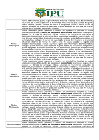 normas administrativas, quanto ao preenchimento de laudos, relatórios, fichas de atendimento,
                   requisições de exames subsidiários e documentos afins; dirigir equipes, quando designado;
                   prestar socorros urgentes; observar as normas e designações, quanto a local e horário de
                   trabalho; participar de projetos de pesquisas, quando designado na sua área de atuação;
                   executar outras atividades pertinentes à profissão.
                   Prestar assistência médica preventiva e curativa em ambulatórios, hospitais ou outros
                   estabelecimentos públicos dentro de sua área de especialidade, examinando os pacientes,
                   segundo as técnicas de semiologia médica, utilizando os instrumentos adequados e
                   disponíveis, diagnosticando e recomendando as terapêuticas necessárias, encaminhando, em
                   nível de maior complexidade de atendimento, quando esgotadas as condições diagnosticas e /
                   ou terapêuticas; participar de cursos de capacitação, projetos de treinamento e programas
                   educativos; observar as normas do sistema único de saúde; proceder ao registro dos
     Médico        procedimentos realizados, segundo a legislação vigente e às determinações da chefia imediata;
  Endoscopista     participar, quando solicitado, como consultor da junta médica, na sua área de competência,
                   quando designado; atuar como consultor, na sua especialidade, para equipe multiprofissional
                   de atendimento domiciliar, acompanhando a visita domiciliar, quando necessário; observar as
                   normas administrativas, quanto ao preenchimento de laudos, relatórios, fichas de atendimento,
                   requisições de exames subsidiários e documentos afins; dirigir equipes, quando designado;
                   prestar socorros urgentes; observar as normas e designações, quanto a local e horário de
                   trabalho; participar de projetos de pesquisas, quando designado na sua área de atuação;
                   executar outras atividades pertinentes à profissão.
                   Prestar assistência médica preventiva e curativa em ambulatórios, hospitais ou outros
                   estabelecimentos públicos dentro de sua área de especialidade, examinando os pacientes,
                   segundo as técnicas de semiologia médica, utilizando os instrumentos adequados e
                   disponíveis, diagnosticando e recomendando as terapêuticas necessárias, encaminhando, em
                   nível de maior complexidade de atendimento, quando esgotadas as condições diagnosticas e /
                   ou terapêuticas; participar de cursos de capacitação, projetos de treinamento e programas
                   educativos; observar as normas do sistema único de saúde; proceder ao registro dos
     Médico        procedimentos realizados, segundo a legislação vigente e às determinações da chefia imediata;
  Ginecologista    participar, quando solicitado, como consultor da junta médica, na sua área de competência,
                   quando designado; atuar como consultor, na sua especialidade, para equipe multiprofissional
                   de atendimento domiciliar, acompanhando a visita domiciliar, quando necessário; observar as
                   normas administrativas, quanto ao preenchimento de laudos, relatórios, fichas de atendimento,
                   requisições de exames subsidiários e documentos afins; dirigir equipes, quando designado;
                   prestar socorros urgentes; observar as normas e designações, quanto a local e horário de
                   trabalho; participar de projetos de pesquisas, quando designado na sua área de atuação;
                   executar outras atividades pertinentes à profissão.
                   Prestar assistência médica preventiva e curativa em ambulatórios, hospitais ou outros
                   estabelecimentos públicos dentro de sua área de especialidade, examinando os pacientes,
                   segundo as técnicas de semiologia médica, utilizando os instrumentos adequados e
                   disponíveis, diagnosticando e recomendando as terapêuticas necessárias, encaminhando, em
                   nível de maior complexidade de atendimento, quando esgotadas as condições diagnosticas e /
                   ou terapêuticas; participar de cursos de capacitação, projetos de treinamento e programas
                   educativos; observar as normas do sistema único de saúde; proceder ao registro dos
     Médico        procedimentos realizados, segundo a legislação vigente e às determinações da chefia imediata;
  Mastologista     participar, quando solicitado, como consultor da junta médica, na sua área de competência,
                   quando designado; atuar como consultor, na sua especialidade, para equipe multiprofissional
                   de atendimento domiciliar, acompanhando a visita domiciliar, quando necessário; observar as
                   normas administrativas, quanto ao preenchimento de laudos, relatórios, fichas de atendimento,
                   requisições de exames subsidiários e documentos afins; dirigir equipes, quando designado;
                   prestar socorros urgentes; observar as normas e designações, quanto a local e horário de
                   trabalho; participar de projetos de pesquisas, quando designado na sua área de atuação;
                   executar outras atividades pertinentes à profissão.
                   Prestar assistência médica preventiva e curativa em ambulatórios, hospitais ou outros
Médico Ortopedista estabelecimentos públicos dentro de sua área de especialidade, examinando os pacientes,
                   segundo as técnicas de semiologia médica, utilizando os instrumentos adequados e

                                                      71
 