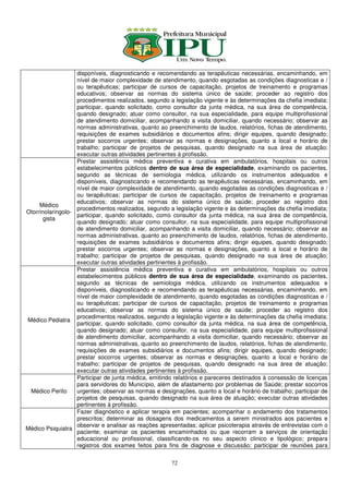 disponíveis, diagnosticando e recomendando as terapêuticas necessárias, encaminhando, em
                   nível de maior complexidade de atendimento, quando esgotadas as condições diagnosticas e /
                   ou terapêuticas; participar de cursos de capacitação, projetos de treinamento e programas
                   educativos; observar as normas do sistema único de saúde; proceder ao registro dos
                   procedimentos realizados, segundo a legislação vigente e às determinações da chefia imediata;
                   participar, quando solicitado, como consultor da junta médica, na sua área de competência,
                   quando designado; atuar como consultor, na sua especialidade, para equipe multiprofissional
                   de atendimento domiciliar, acompanhando a visita domiciliar, quando necessário; observar as
                   normas administrativas, quanto ao preenchimento de laudos, relatórios, fichas de atendimento,
                   requisições de exames subsidiários e documentos afins; dirigir equipes, quando designado;
                   prestar socorros urgentes; observar as normas e designações, quanto a local e horário de
                   trabalho; participar de projetos de pesquisas, quando designado na sua área de atuação;
                   executar outras atividades pertinentes à profissão.
                   Prestar assistência médica preventiva e curativa em ambulatórios, hospitais ou outros
                   estabelecimentos públicos dentro de sua área de especialidade, examinando os pacientes,
                   segundo as técnicas de semiologia médica, utilizando os instrumentos adequados e
                   disponíveis, diagnosticando e recomendando as terapêuticas necessárias, encaminhando, em
                   nível de maior complexidade de atendimento, quando esgotadas as condições diagnosticas e /
                   ou terapêuticas; participar de cursos de capacitação, projetos de treinamento e programas
                   educativos; observar as normas do sistema único de saúde; proceder ao registro dos
     Médico
                   procedimentos realizados, segundo a legislação vigente e às determinações da chefia imediata;
Otorrinolaringolo-
                   participar, quando solicitado, como consultor da junta médica, na sua área de competência,
       gista
                   quando designado; atuar como consultor, na sua especialidade, para equipe multiprofissional
                   de atendimento domiciliar, acompanhando a visita domiciliar, quando necessário; observar as
                   normas administrativas, quanto ao preenchimento de laudos, relatórios, fichas de atendimento,
                   requisições de exames subsidiários e documentos afins; dirigir equipes, quando designado;
                   prestar socorros urgentes; observar as normas e designações, quanto a local e horário de
                   trabalho; participar de projetos de pesquisas, quando designado na sua área de atuação;
                   executar outras atividades pertinentes à profissão.
                   Prestar assistência médica preventiva e curativa em ambulatórios, hospitais ou outros
                   estabelecimentos públicos dentro de sua área de especialidade, examinando os pacientes,
                   segundo as técnicas de semiologia médica, utilizando os instrumentos adequados e
                   disponíveis, diagnosticando e recomendando as terapêuticas necessárias, encaminhando, em
                   nível de maior complexidade de atendimento, quando esgotadas as condições diagnosticas e /
                   ou terapêuticas; participar de cursos de capacitação, projetos de treinamento e programas
                   educativos; observar as normas do sistema único de saúde; proceder ao registro dos
                   procedimentos realizados, segundo a legislação vigente e às determinações da chefia imediata;
Médico Pediatra
                   participar, quando solicitado, como consultor da junta médica, na sua área de competência,
                   quando designado; atuar como consultor, na sua especialidade, para equipe multiprofissional
                   de atendimento domiciliar, acompanhando a visita domiciliar, quando necessário; observar as
                   normas administrativas, quanto ao preenchimento de laudos, relatórios, fichas de atendimento,
                   requisições de exames subsidiários e documentos afins; dirigir equipes, quando designado;
                   prestar socorros urgentes; observar as normas e designações, quanto a local e horário de
                   trabalho; participar de projetos de pesquisas, quando designado na sua área de atuação;
                   executar outras atividades pertinentes à profissão.
                   Participar de junta médica, emitindo relatórios e pareceres destinados à consessão de licenças
                   para servidores do Município, além de afastamento por problemas de Saúde; prestar socorros
 Médico Perito     urgentes; observar as normas e designações, quanto a local e horário de trabalho; participar de
                   projetos de pesquisas, quando designado na sua área de atuação; executar outras atividades
                   pertinentes à profissão.
                   Fazer diagnóstico e aplicar terapia em pacientes; acompanhar o andamento dos tratamentos
                   prescritos; determinar as dosagens dos medicamentos a serem ministrados aos pacientes e
                   observar e analisar as reações apresentadas; aplicar psicoterapia através de entrevistas com o
Médico Psiquiatra
                   paciente; examinar os pacientes encaminhados ou que recorram a serviços de orientação
                   educacional ou profissional, classificando-os no seu aspecto clinico e tipológico; prepara
                   registros dos exames feitos para fins de diagnose e discussão; participar de reuniões para

                                                       72
 
