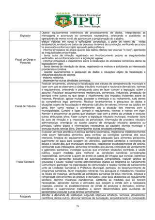 Operar equipamentos eletrônicos de processamento de dados, interpretando as
    Digitador        mensagens e acionando os comandos necessários, orientando e assistindo os
                     operadores de menor nível, de acordo com a programação do trabalho.
                     efetuar vistorias em obras e edificações conduzidas, a partir de roteiro de visitas
                     estabelecido, anotando os dados de processo de alvará de construção, verificando se a obra
                     foi executada conforme projeto aprovado pela prefeitura.
                     - informar processos de alvará quanto aos dados obtidos nas vistorias "in loco", apontando
                     as irregularidades encontradas.
                     - lavrar autos de infração, registrando em livro/documento próprio as irregularidades
                     verificadas, em conformidade com a legislação vigente.
Fiscal de Obras e
                     - informar processos e expedientes sobre a localização de atividades comerciais diante da
    Posturas         legislação em vigor.
                      - lavrar termos de interdição de obras, registrando os motivos e solicitando ao interessado
                     providencias corretiva.
                     - realizar levantamentos e pesquisas de dados e situações objeto de fiscalização e
                     efetuando cálculos de valores.
                     - elaborar relatórios.
                     - desempenhar outras atividades correlatas.
                     Realizar lançamento, cobrança e fiscalização dos tributos de competência do município e
                     fazer com que se observem o código tributário municipal e nacional e demais leis, normas
                     e regulamentos, orientando e penalizando para se fazer cumprir a legislação sobre o
                     assunto; Fiscalizar estabelecimentos residenciais, comerciais, industriais, prestação de
                     serviços entre outros no que tange o recolhimento dos impostos incidentes sobre os
                     mesmos; Penalizar, aplicar multas, proceder a interdição e ou fechamento, tudo dentro
                     da competência legal pertinente; Realizar levantamentos e pesquisas de dados e
                     situações objeto de fiscalização e efetuando cálculos de valores; Informar ao público em
Fiscal de Tributos
                     geral, bem como realizar o atendimento sob a situação dos mesmos com a
                     municipalidade; Cumprir e fazer cumprir o regulamento, normas e rotinas em vigor;
                     Atender e encaminhar as partes que desejam falar com a chefia da unidade e executar
                     outras atribuições afins; Fazer cumprir a legislação tributaria municipal, mediante: lavra
                     de auto de infração e a imposição de penalidade, informação de processo tributário
                     administrativo, orientação ao sujeito passivo de obrigação tributária acessória ou
                     principal; coletar dados e informações necessárias ao cadastro técnico municipal e
                     executar outras tarefas afins. Desempenhar outras atividades correlatas.
                     Executar serviços profilaxia e política sanitária sistemática, inspecionar estabelecimentos
                     onde sejam fabricados alimentos, para verificar as condições sanitárias dos seus
                     interiores, limpeza do equipamento, refrigeração adequada para alimentos perecíveis,
                     suprimento de água para lavagem de utensílios, gabinetes sanitários e condições de
                     asseio e saúde dos que manipulam alimentos, inspecionar estabelecimentos de ensino,
                     verificando suas instalações, alimentos fornecidos aos alunos, condições de ventilamento
                     e gabinetes sanitários; investigar queixas que envolvam situações contrárias à saúde
                     pública, sugerir medidas para melhorar as condições sanitárias consideradas
                     insatisfatórias, comunicar a quem de direito os casos de infração que constar, identificar
                     problemas e apresentar soluções às autoridades competentes, realizar tarefas de
 Fiscal Sanitário    educação e saúde; realizar tarefas administrativas ligadas ao programa de Saneamento
                     Comunitário; participar na organização de comunidade e realizar tarefas de saneamento
                     junto às Unidades Sanitárias e Prefeitura Municipal, participar do desenvolvimento de
                     programas sanitários, fazer inspeções rotineiras nos açougues e matadouros, fiscalizar
                     os locais de matança, verificando as condições sanitárias de seus interiores, limpeza e
                     refrigeração convenientes ao produto e derivados; zelar pela obediência ao regulamento
                     sanitário, reprimir matanças clandestinas, adotando as medidas que se fizerem
                     necessárias; apreender carnes e derivados que estejam a venda sem a necessária
                     inspeção, vistoriar os estabelecimentos de venda de produtos e derivados; orientar,
                     coordenar e supervisionar trabalhos a serem desenvolvidos pelo auxiliares de
                     saneamento; executar outras tarefas semelhantes
                     atender a demanda da instituição, segundo objetivos artísticos, técnicos, jornalísticos,
    Fotografo
                     científicos dentre outros; dominar técnicas de iluminação, enquadramento e composição


                                                   78
 