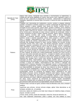 Operar trator s/pneu, manejando seus controles e movimentando os implementos, a
                     medida que vão sendo adaptados ao mesmo, para lavrar a terra, regulando o peso e a
Operador de Trator
                     bitola do trator, graduando os dispositivos de conexão, selecionando os implementos
     s/Pneu
                     desejados, separando os diversos tipos, de acordo o a textura do solo e as espécies de
                     cultura.
                     Trabalhar com instrumentos de nivelamento e prumo; construir e preparar alicerces,
                     paredes, murospisos e similares; preparar ou orientar a preparação de argamassa; fazer
                     reboco; preparar e aplicar caiações; fazer blocos de cimento; construir formas e
                     armações de ferro para concreto; colocar telhas, azulejos e ladrilhos; armar andaimes;
                     assentar e recolocar aparelhos sanitários, tijolos, telhas e outros; trabalhar com qualquer
                     tipo de massa a base de cal, cimento e outros materiais de construção; cortar pedras;
                     armar formas para a fabricação de tubos; remover materiais de construção; instalar e
                     reparar condutores de água e esgoto; assentar manilhas; reparar cabos e mangueiras;
                     colocar registros, torneiras, pias, caixas sanitárias, sifões e demais instalações
                     hidráulicas e sanitárias; assentar assoalhos e madeiramentos em prédios e obras
                     públicas; montar e assentar esquadrias; colocar vidros; preparar e montar assoalhos,
                     tetos e telhados; responsabilizar-se pelo material utilizado; calcular orçamento e
                     organizar pedidos de material; responsabilizar-se por equipes auxiliares necessárias a
                     execução das atividades próprias do cargo; executar trabalhos de concreto armado,
                     misturando cimento, brita, areia e água, nas devidas proporções, fazendo a armação,
                     dispondo, traçando e prendendo com arame as barras de ferro; orientar o ajudante a
                     fazer argamassa; construir alicerces para a base de paredes, muros e construções
                     similares; armar e desmontar andaimes de madeiras ou metálicos;fazer armações de
                     ferragens; executar serviços de modelagem, utilizando argamassa de cimento, areia ou
                     gesso, nas formas de madeira ou ferro previamente o tempo necessário para sua fixação
     Pedreiro        no solo e laterais, de acordo com a planta apresentada; controlar com nível e prumo a
                     obra que está sendo executada para garantir a correção do trabalho; perfurar paredes,
                     visando a colocação de canos para água e fios elétricos; preparar e nivelar pisos e
                     paredes, retirando com sarrafo o excesso de massa; fazer rebocos de paredes e outros;
                     assentar piso, azulejos, pias e outros; fazer serviços de acabamento em geral; fazer
                     colocação de telhas; impermeabilizar caixas d’água, paredes, tetos e outros; ler e
                     interpretar plantas de construção civil observando medidas e especificações; participar de
                     reuniões e grupos de trabalho; responsabilizar-se pelo controla e utilização dos
                     equipamentos e materiais colocados à sua disposição; exercer o controle funcional da
                     instalação de equipamentos; orientar e coordenar as atividades dos trabalhadores sob
                     sua responsabilidade na realização de obras; fazer observar as rotinas de trabalho, as
                     rotinas de prazos estabelecidos e propor alterações convenientes ou a aplicação de
                     novos processos de trabalho para a solução de problemas de aperfeiçoamento ou de
                     produtividade; orientar os servidores de categoria inferior, assistindo-os nas suas
                     dificuldades funcionais; exercer fiscalização constante sobre higiene, limpeza e ordem
                     nos locais de trabalho, bem como sobre a conservação do material e das máquinas e
                     observância de medidas de segurança contra acidentes; elaborar e rever orçamentos,
                     fazer estimativas de custos; organizar especificações complementares para a execução
                     de obras; propor programas de treinamento de pessoal, quando aconselhável;
                     encaminhar soluções para os problemas de conduta no trabalho; informar processos e
                     dar pareceres sobre assuntos de sua especialidade; executar tarefas afins
                     Preparar tintas e vernizes em geral, combinar tintas de diferentes cores, lavar, emassar e
                     preparar
                     superfícies para pinturas, remover pinturas antigas, aplicar tintas decorativas ou de
                     proteção, esmaltes, etc., em paredes,
      Pintor
                     estruturas, objetos de madeira ou de metal, fazer retoque em trabalhos antigos, emassar,
                     laquear, esmaltar ou pintar
                     móveis, portas, janelas, postes de sinalização, meios-fios, faixas de rolamento, etc.,
                     lixar, fazer tratamento anticorrosivo, pintar à pistola, com tinta sintética ou duco,

                                                   87
 