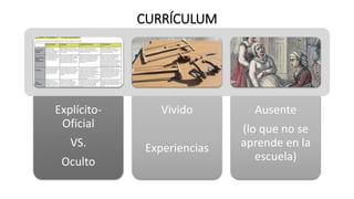 CURRÍCULUM
Explícito-
Oficial
VS.
Oculto
Vivido
Experiencias
Ausente
(lo que no se
aprende en la
escuela)
 