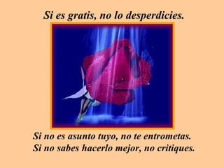 Si es gratis, no lo desperdicies.  Si no es asunto tuyo, no te entrometas.  Si no sabes hacerlo mejor, no critiques. 