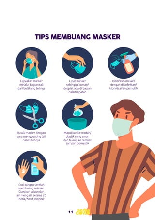 TIPS MEMBUANG MASKER
Lepaskan masker
melalui bagian tali
dari belakang telinga
Rusak masker dengan
cara menggunting tali
dan tutupnya
Lipat masker
sehingga kuman/
droplet ada di bagian
dalam lipatan
Masukkan ke wadah/
plastik yang aman
dan buang ke tempat
sampah domestik
Disinfeksi masker
dengan disinfektan/
klorin/cairan pemutih
Cuci tangan setelah
membuang masker.
Gunakan sabun dan
air mengalir selama 20
detik/hand sanitizer
11
 