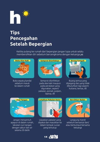 14
14
Tips
Pencegahan
Setelah Bepergian
Ketika pulang ke rumah dari bepergian jangan lupa untuk selalu
membersihkan diri sebelum bercengkrama dengan keluarga ya.
Buka sepatu/sandal
sebelum masuk
ke dalam rumah
Buang semua yang
dipegang dan yang tidak
dibutuhkan lagi seperti
kuitansi, kertas, dll
Lepaskan pakaian yang
dipakai dan masukkan ke
dalam tempat cucian
yang tertutup
Semprot disinfektan
pada alas kaki maupun
pada peralatan yang
digunakan, seperti
pakaian, ponsel, pulpen,
laptop, dll
Jangan menyentuh
apapun di dalam rumah,
lakukan cuci tangan
dengan sabun dan air
selama 20 detik
Langsung mandi
sebelum bersantai dan/
atau berkumpul bersama
keluarga
Buka Alas Kaki Buang Sampah
Letakkan Pakaian Kotor
Cuci Tangan Bersihkan Badan
Semprot Disinfektan
 