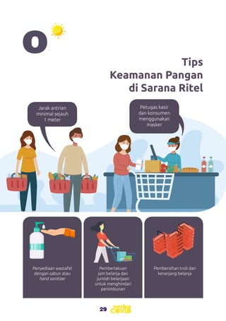 29
Tips
Keamanan Pangan
di Sarana Ritel
Petugas kasir
dan konsumen
menggunakan
masker
Jarak antrian
minimal sejauh
1 meter
Penyediaan wastafel
dengan sabun atau
hand sanitizer
Pemberlakuan
jam belanja dan
jumlah belanjaan
untuk menghindari
penimbunan
Pembersihan troli dan
keranjang belanja
 