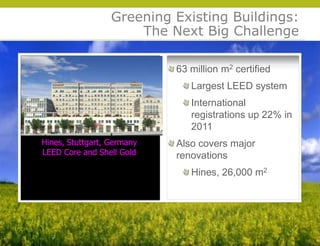 Greening Existing Buildings:
                      The Next Big Challenge

                            63 million m2 certified
                               Largest LEED system
                               International
                               registrations up 22% in
                               2011
Hines, Stuttgart, Germany   Also covers major
LEED Core and Shell Gold    renovations
                               Hines, 26,000 m2




                                                         © 2009 Yudelson Associates
 