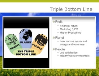 Triple Bottom Line

  Profit
    Financial return
    Marketing & PR
    Higher Productivity
  Planet
    Less carbon, waste and
     energy and water use
  People
    Job satisfaction
    Healthy work environment




                                © 2009 Yudelson Associates
 
