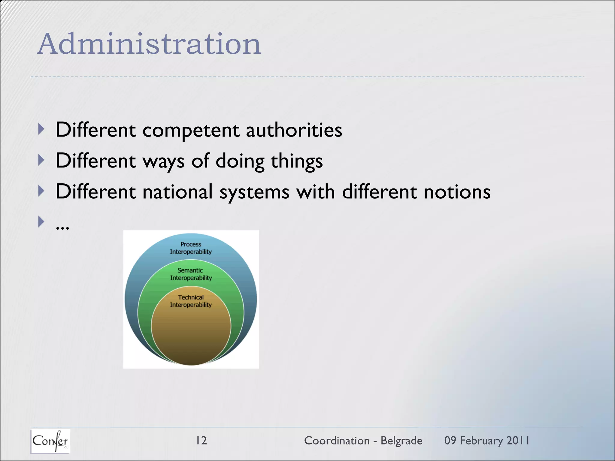 Administration Different competent authorities Different ways of doing things Different national systems with different notions ... 09 February 2011 Coordination - Belgrade 