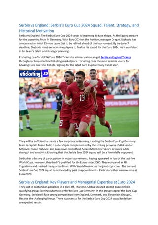 Serbia vs England Tickets: Serbia's Euro Cup 2024 Squad, Talent