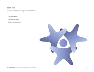 ÍconE - USo
São três as versões do ícone do grupo Ser Educacional:



1 - Traço em uma cor;

2 - Traço em três cores;

3 - Volume monocromático.




Ser Educacional - Brand Book - estratégia e identidade de marca   33
 