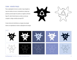 ÍconE - vErSão traço
Para as aplicações do ícone na versão a traço chapada ou

traço em outline em uma cor, recomenda-se, sempre que

possível, que elas sejam em positivo ou negativo conforme

figura 01, sobre fundos brancos ou sobre as cores que

compõem o código cromático principal CCP.



A área mínima de interferência ou margens de proteção

devem ser respeitadas em todas as aplicações sem exceção.



figura 01




Ser Educacional - Brand Book - estratégia e identidade de marca   35
 