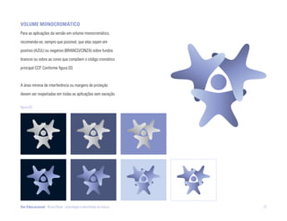 volUmE monocromático
Para as aplicações da versão em volume monocromático,

recomenda-se, sempre que possível, que elas sejam em

positivo (AZUL) ou negativo (BRANCO/CINZA) sobre fundos

brancos ou sobre as cores que compõem o código cromático

principal CCP. Conforme figura 03.



A área mínima de interferência ou margens de proteção

devem ser respeitadas em todas as aplicações sem exceção.


figura 03




Ser Educacional - Brand Book - estratégia e identidade de marca   37
 