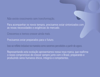 Não existe crescimento sem transformação.

Para acompanhar os novos tempos, precisamos estar sintonizados com
as novas necessidades e exigências do mercado.

Crescemos e iremos crescer ainda mais.

Precisamos estar preparados para o futuro.

Isso se reflete inclusive na maneira como seremos percebidos a partir de agora.

Representando esta evolução apresentamos nossa nova marca, que reafirma
o nosso compromisso de crescer sempre junto com o Brasil, preparando e
produzindo seres humanos éticos, íntegros e competentes.



Ser Educacional - Brand Book - estratégia e identidade de marca                   4
 