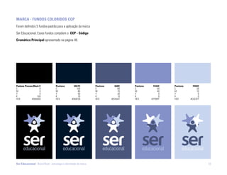 marca - fUndoS coloridoS ccp
Foram definidos 5 fundos-padrão para a aplicação da marca

Ser Educacional. Esses fundos compõem o ccp - código

cromático principal apresentado na página 48.




pantone process black c            pantone         5467c          pantone      668c   pantone    7446c    pantone     7450c
C                     0            C                  100         C              80   C              50   C              20
M                     0            M                   80         M              70   M              40   M              10
Y                     0            Y                   50         Y              30   Y               0   Y               0
K                   100            K                   70         K              10   K               0   K               0
HEX           #000000              HEX            #000F26         HEX       #2E45A1   HEX       #7F99FF   HEX       #CCESFF




Ser Educacional - Brand Book - estratégia e identidade de marca                                                               43
 