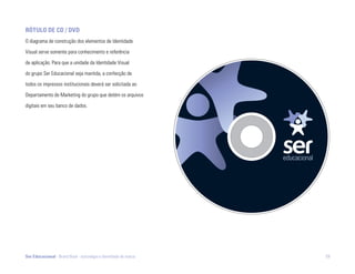 rÓtUlo dE cd / dvd
O diagrama de construção dos elementos de Identidade

Visual serve somente para conhecimento e referência

de aplicação. Para que a unidade da Identidade Visual

do grupo Ser Educacional seja mantida, a confecção de

todos os impressos institucionais deverá ser solicitada ao

Departamento de Marketing do grupo que detém os arquivos

digitais em seu banco de dados.




Ser Educacional - Brand Book - estratégia e identidade de marca   59
 