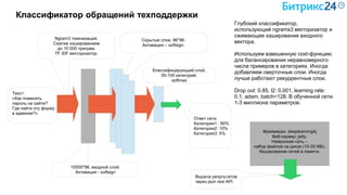 Классификатор обращений техподдержки
Скрытые слои, 96*96.
Активация – softsign.
Классифицирующий слой,
50-100 категорий.
softmax
Ответ сети:
Категория1 : 90%
Категория2: 10%
Категория3: 5%
Ngram3 токенизация.
Сжатие хэшированием
до 10 000 триграм.
TF IDF векторизатор.
Текст:
«Как поменять
пароль на сайте?
Где найти эту форму
в админке?»
Глубокий классификатор,
использующий ngrams3 векторизатор и
сжимающее хэширование входного
вектора.
Используем взвешенную cost-функцию
для балансирования неравномерного
числа примеров в категориях. Иногда
добавляем сверточные слои. Иногда
лучше работают рекуррентные слои.
Drop out: 0.85, l2: 0.001, learning rate:
0.1, adam, batch=128. В обученной сети:
1-3 миллиона параметров.
10000*96, входной слой.
Активация - softsign
Фреймворк: deeplearning4j
Веб-сервер: jetty.
Нейронная сеть –
набор файлов на диске (10-20 МБ).
Кеширование сетей в памяти.
Выдача результатов
через json rest API
 