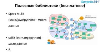 Полезные библиотеки (бесплатные)
• Spark MLlib
(scala/java/python) – много
данных
• scikit-learn.org (python) –
мало данных
• R
 