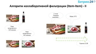 Алгоритм коллаборативной фильтрации (Item-Item) - II
Пара
встречается в
123 заказах
Пара
встречается в
321 заказах
С этим
Товаром
покупают…
Борщ: 0.72
Горилка: 0.28
 