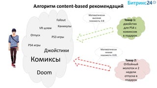 Алгоритм content-based рекомендаций
PS3 игры
PS4 игры
Джойстики
VR шлем
Fallout
Doom
Комиксы
Товар 1:
джойстик
для PS4 с
комиксом
в подарок
Товар 2:
Отбойный
молоток и 2
недели
отпуска в
подарок
Математически
высокая
похожесть: 0.8
Математически
низкая
похожесть: 0.05
Отпуск
Каникулы
 