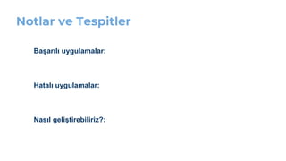 Notlar ve Tespitler
Başarılı uygulamalar:
Hatalı uygulamalar:
Nasıl geliştirebiliriz?:
 