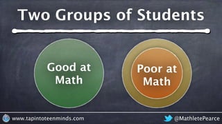 @MathletePearcewww.tapintoteenminds.com
Two Groups of Students
Good at
Math
Poor at
Math
 