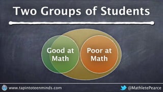 @MathletePearcewww.tapintoteenminds.com
Two Groups of Students
Good at
Math
Poor at
Math
 