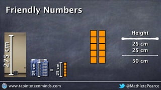 @MathletePearcewww.tapintoteenminds.com
275cm
=
25cm
25cm
Friendly Numbers
25 cm
25 cm
Height
50 cm
 