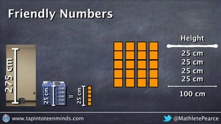 @MathletePearcewww.tapintoteenminds.com
275cm
=
25cm
25cm
Friendly Numbers
25 cm
25 cm
Height
25 cm
25 cm
100 cm
 
