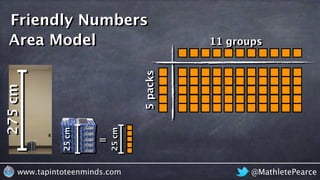 @MathletePearcewww.tapintoteenminds.com
275cm
=
25cm
25cm
Friendly Numbers
5packs
11 groupsArea Model
 
