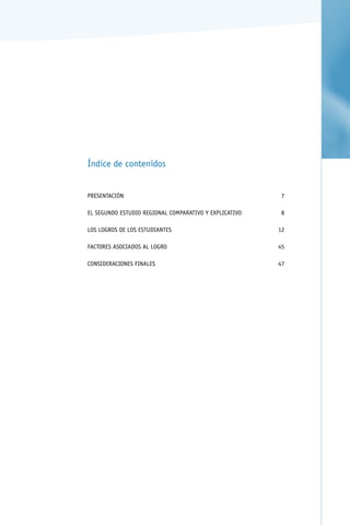 Índice de contenidos


    PRESENTACIÓN	                                             7

    EL SEGUNDO ESTUDIO REGIONAL COMPARATIVO Y EXPLICATIVO	    8

    LOS LOGROS DE LOS ESTUDIANTES	                           12

    FACTORES ASOCIADOS AL LOGRO	                             45

    CONSIDERACIONES FINALES	                                 47

	
 