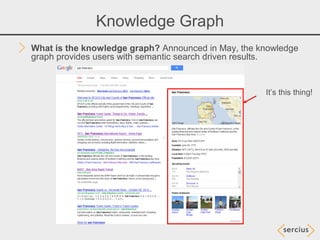 Knowledge Graph
What is the knowledge graph? Announced in May, the knowledge
graph provides users with semantic search driven results.


                                                    It’s this thing!
 