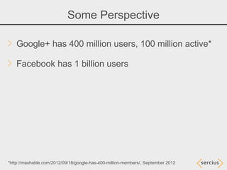 Some Perspective

    Google+ has 400 million users, 100 million active*

    Facebook has 1 billion users




*http://mashable.com/2012/09/18/google-has-400-million-members/, September 2012
 