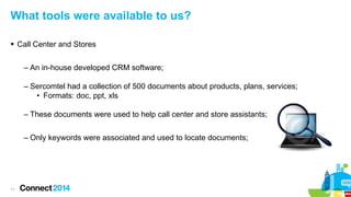 What tools were available to us?
 Call Center and Stores
– An in-house developed CRM software;
– Sercomtel had a collection of 500 documents about products, plans, services;
• Formats: doc, ppt, xls
– These documents were used to help call center and store assistants;
– Only keywords were associated and used to locate documents;

11

 