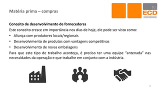 Matéria prima – compras
Conceito de desenvolvimento de fornecedores
Este conceito cresce em importância nos dias de hoje, ele pode ser visto como:
• Aliança com produtores locais/regionais
• Desenvolvimento de produtos com vantagens competitivas
• Desenvolvimento de novas embalagens
Para que este tipo de trabalho aconteça, é preciso ter uma equipe “antenada” nas
necessidades da operação e que trabalhe em conjunto com a indústria.
14
 