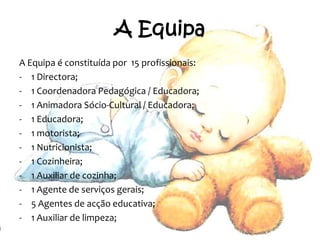 A EquipaA Equipa é constituída por  15 profissionais:1 Directora;