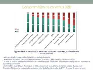 Consommation de contenus B2B 
Types d’informations consommés dans un contexte professionnel 
Source : serdaLAB 
La consommation englobe l’achat et la consultation gratuite. 
La presse d’actualités s’adresse logiquement au plus grand nombre (98% de l’échantillon). 
On note la hausse de la consommation de l’information de solvabilité, une tendance logique dans un contexte économique incertain. 
L’Information Scientifique, Technique et Médicale connaît la plus forte demande au sein du segment Education/Recherche, mais également dans celui de la Santé et celui du BTP/ Energie/ Environnement.  