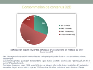 Consommation de contenus B2B 
Satisfaction exprimée par les acheteurs d’informations en matière de prix 
Source : serdaLAB 
69% des organisations restent insatisfaites des tarifs pratiqués par les éditeurs concernant les contenus électroniques. 
Signalons malgré tout que la part de répondants « pas du tout satisfait » a diminué de 7 points (23% en 2012 contre 16% actuellement). 
Rappelons également qu’en 2009, seuls 56% des participants à l’enquête étaient insatisfaits. L’insatisfaction en matière de prix a donc atteint un pic en 2012 avant de décroître, mais reste particulièrement élevée.  
