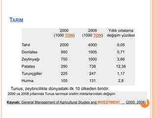 TARIM 
2000 
(1000 TON) 
2008 
(1000 TON) 
Yıllık ortalama 
değişim yüzdesi 
Tahıl 2000 4000 9,05 
Domates 950 1005 0,71 
Zeytinyağı 750 1000 3,66 
Patates 290 738 12,38 
Turunçgiller 225 247 1,17 
Hurma 105 131 2,8 
Tunus, zeytincilikte dünyadaki ilk 10 ülkeden biridir. 
2000 ve 2008 yıllarında Tunus tarımsal üretim miktarlarındaki değişim 
Kaynak: General Management of Agricultural Studies and INVESTMENT (2000_2008) 
 