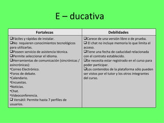 E – ducativa
                Fortalezas                                     Debilidades 
Fáciles y rápidas de instalar.                Carece de una versión libre o de prueba.
No requieren conocimientos tecnológicos        El chat no incluye memoria lo que limita el
para utilizarlas.                              acceso.
Poseen servicio de asistencia técnica.        Tiene una fecha de caducidad relacionada
Permite seleccionar el idioma.                con el contrato establecido.
Herramientas de comunicación (sincrónicas /   Se necesita estar registrado en el curso para
asincrónicas):                                 poder participar.
•Correo Electrónico.                           Los contenidos de la plataforma sólo pueden
•Foros de debate.                              ser vistos por el tutor y los otros integrantes
•Calendario.                                   del curso.
•Encuestas.
•Noticias.
•Chat.
•Videoconferencia.
 Versátil: Permite hasta 7 perfiles de
usuarios.
 
