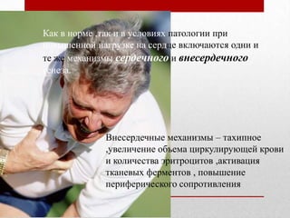 Как в норме ,так и в условиях патологии при
повышенной нагрузке на сердце включаются одни и
те же механизмы сердечного и внесердечного
генеза.




             Внесердечные механизмы – тахипное
             ,увеличение объема циркулирующей крови
             и количества эритроцитов ,активация
             тканевых ферментов , повышение
             периферического сопротивления
 