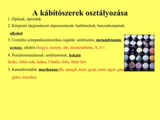 A kábítószerek osztályozása 1.   Ópiátok, ópioidok 2. Központi idegrendszeri depresszánsok: barbiturátok, benzodiazepinek,  alkohol 3. Centrális szimpatikomimetikus izgatók: amfetamin,   metamfetamin , ecstasy , efedrin  (bogyó , mosoly, eki, diszkótabletta, X, E )  4. Pszichostimulánsok: amfetaminok,  kokain (koko, fehér csík, koksz, Charlie, kóla, fehér hó) 5. Kannabionidok:  marihuana  ( fű, spangli, mari, gyep, joint, ágyú, gandzsa, grász, mariska) 