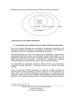 El siguiente esquema da cuenta del proceso formativo y la práctica profesional5:




                                                Elaboración
                                                teórica y
                                                conceptual

                                         Interpretación   contextual Interpretación   contextual


                                         El hacer pedagógico




¿Alcanza sólo con los saberes individuales?


      6. Comunidades de aprendizaje promueven tejido institucional cohesionado

Una de las mejores estrategias para garantizar el mejoramiento sustancial de las
instituciones educativas en general es la habilidad de fomentar en los docentes la
capacidad de actuar en comunidades profesionales de aprendizaje.

Abundante bibliografía da cuenta de las organizaciones inteligentes u organizaciones
que aprenden, que hacen alusión a su estructura funcional y administrativa o a una
organización determinada para cumplir un propósito determinado. En ambos casos el
énfasis está puesto en la estructura y la eficiencia. En contraposición, el término
comunidad sugiere la conformación de un grupo unido por intereses comunes.

Las comunidades de aprendizaje educativas, crearían entornos que promueven la
cooperación, soporte emocional y crecimiento personal en el proceso del trabajo
conjunto.

Si bien es cierto que muchos educadores son renuentes a aceptar conceptos de
sectores ajenos al ámbito educativo (el término “cliente” es un buen ejemplo) no es
menos cierto que una de las características que distinguen a una organización que
aprende es aprender de su entorno. Recientes estudios llevados a cabo dan cuenta del
desinterés que el personal docente muestra en asuntos fuera del entorno escolar, lo




5
    Adaptado de Alanís Huerta A., 2001
                      DEPARTAMENTO DE EDUCACIÓN MÉDICA                                             6
                               Facultad de Medicina
                             Universidad de la República
 