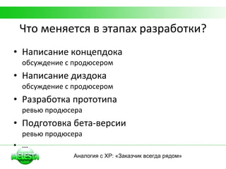 Что меняется в этапах разработки? Написание концепдока обсуждение с продюсером Написание диздока обсуждение с продюсером Разработка прототипа ревью продюсера Подготовка бета-версии ревью продюсера ... Аналогия с  XP : « Заказчик всегда рядом » 