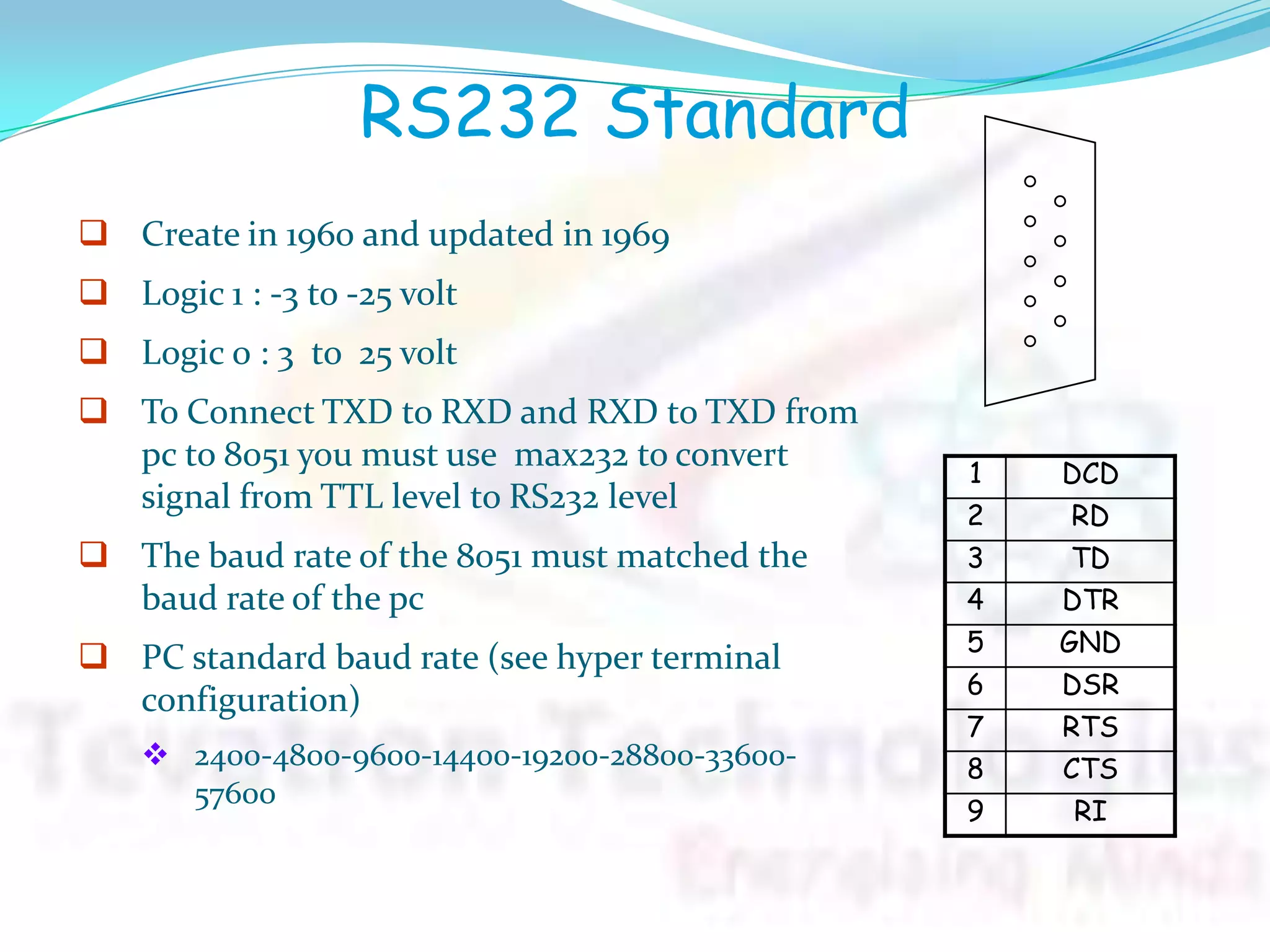 RS232 Standard
1 DCD
2 RD
3 TD
4 DTR
5 GND
6 DSR
7 RTS
8 CTS
9 RI
 Create in 1960 and updated in 1969
 Logic 1 : -3 to -25 volt
 Logic 0 : 3 to 25 volt
 To Connect TXD to RXD and RXD to TXD from
pc to 8051 you must use max232 to convert
signal from TTL level to RS232 level
 The baud rate of the 8051 must matched the
baud rate of the pc
 PC standard baud rate (see hyper terminal
configuration)
 2400-4800-9600-14400-19200-28800-33600-
57600
 