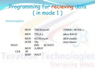 Programming for recieving data
( in mode 1 )
MOV TMOD,#20H ;TIMER 1 MODE 2
MOV TH1,#-3 ;9600 BAUD
MOV SCON,#50H ;REN enable
SETB TR1 ;start timer1
WAIT: JNB RI,WAIT
MOV A,SBUF
CLR RI
SJMP WAIT
Serial example(2)
 