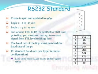 RS232 Standard
1 DCD
2 RD
3 TD
4 DTR
5 GND
6 DSR
7 RTS
8 CTS
9 RI
 Create in 1960 and updated in 1969
 Logic 1 : -3 to -25 volt
 Logic 0 : 3 to 25 volt
 To Connect TXD to RXD and RXD to TXD from
pc to 8051 you must use max232 to convert
signal from TTL level to RS232 level
 The baud rate of the 8051 must matched the
baud rate of the pc
 PC standard baud rate (see hyper terminal
configuration)
 2400-4800-9600-14400-19200-28800-33600-
57600
 
